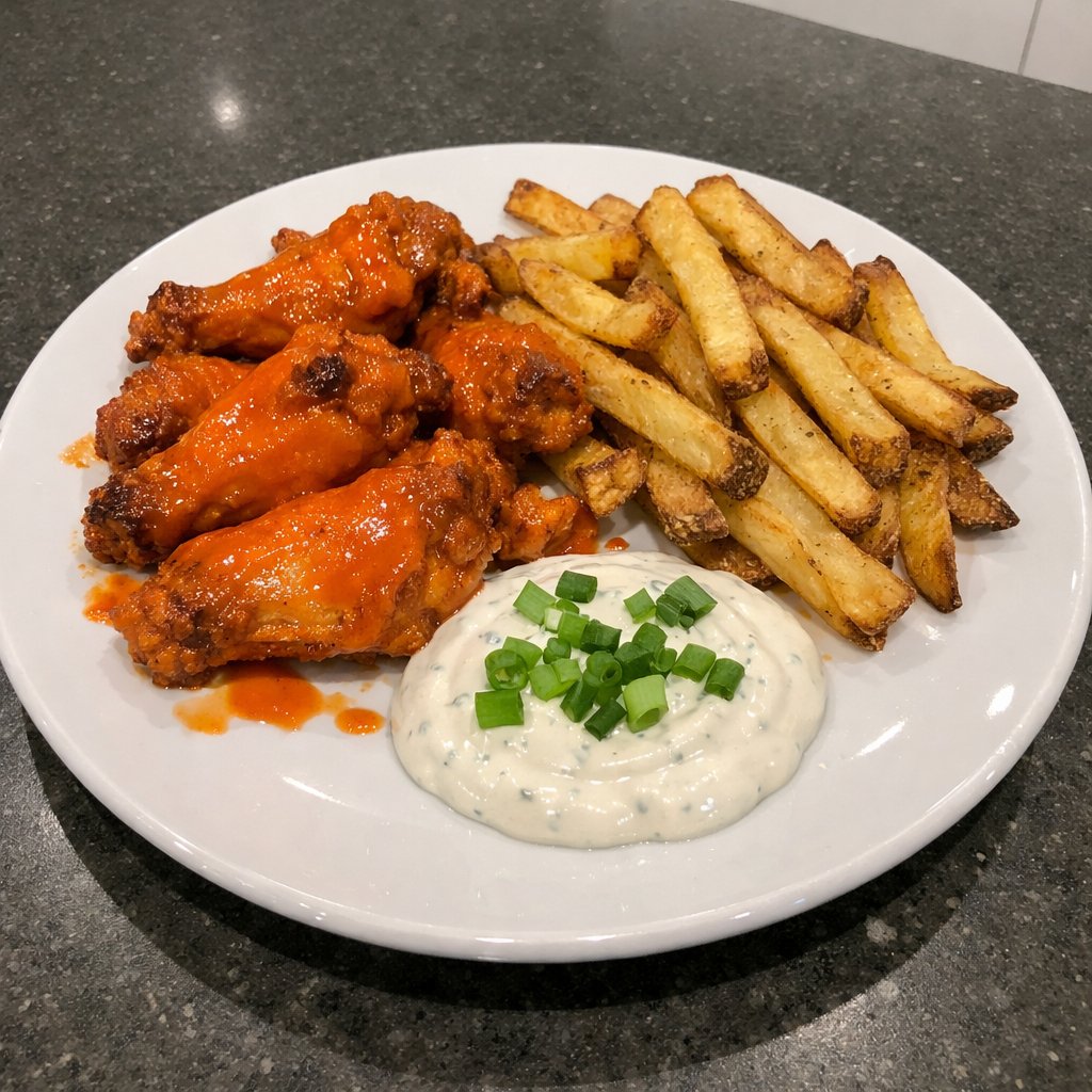 Ailes de poulet Buffalo au air fryer, frites maison et trempette ranch crémeuse