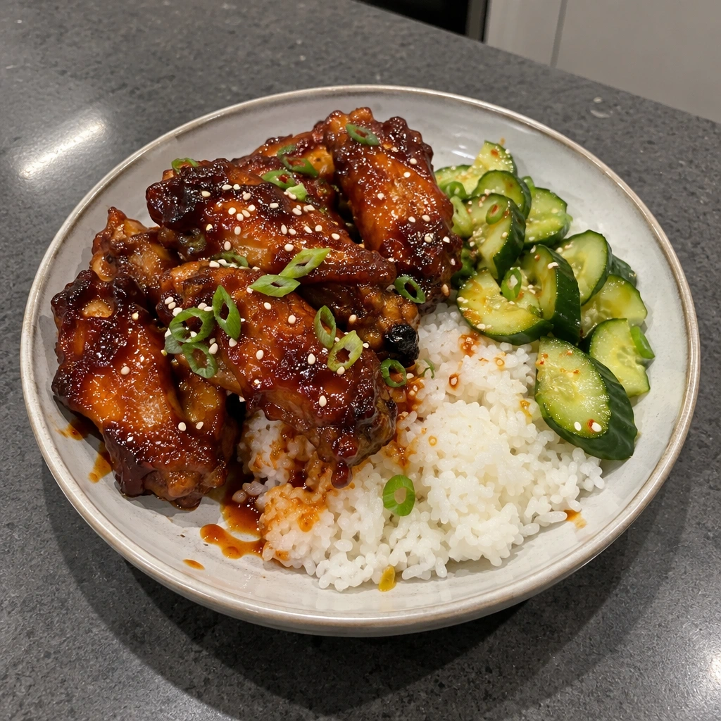Ailes de poulet coréennes au gochujang, riz collant et concombres marinés