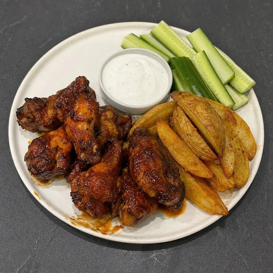 Ailes de poulet croustillantes glacées BBQ, quartiers de pommes de terre et trempette ranch