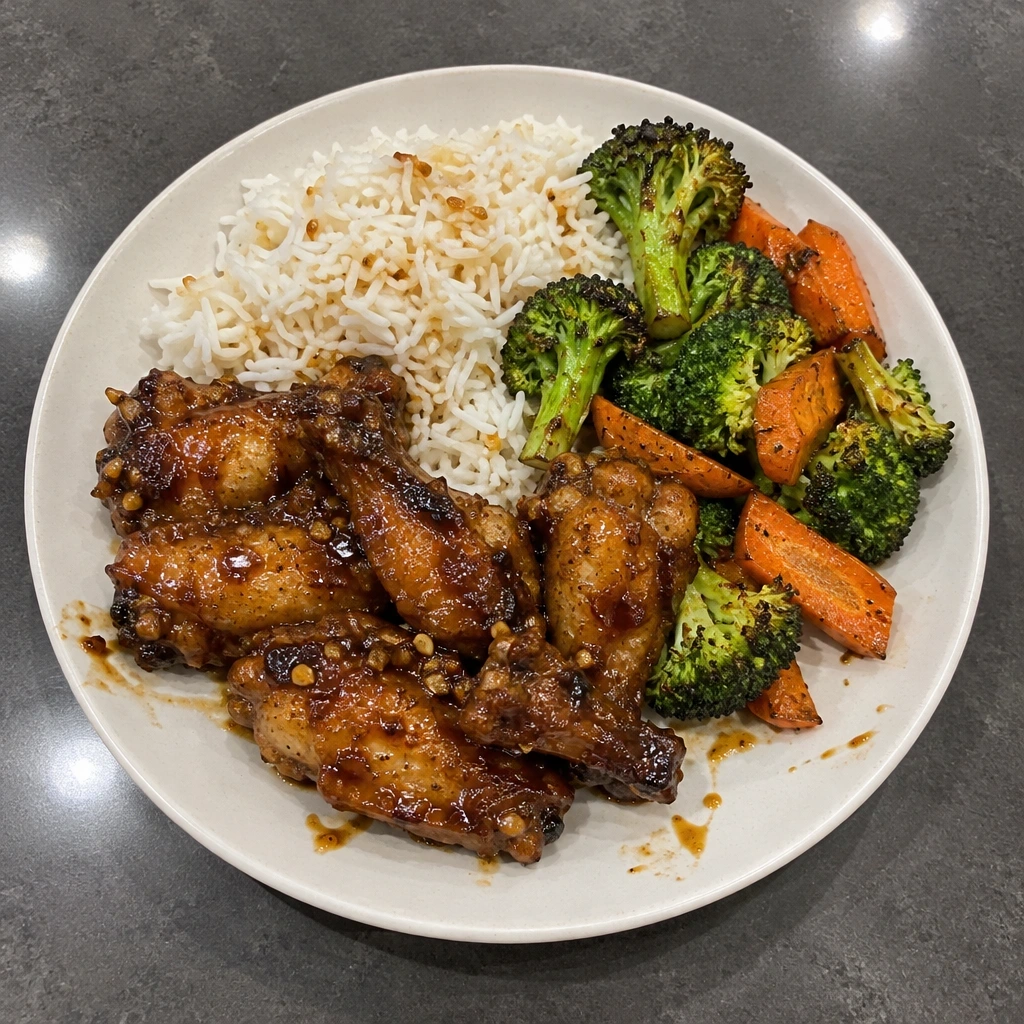 Ailes de poulet laquées érable-soya, riz et légumes rôtis