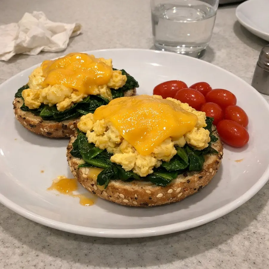 Bagels grillés aux œufs brouillés, épinards et cheddar fondant