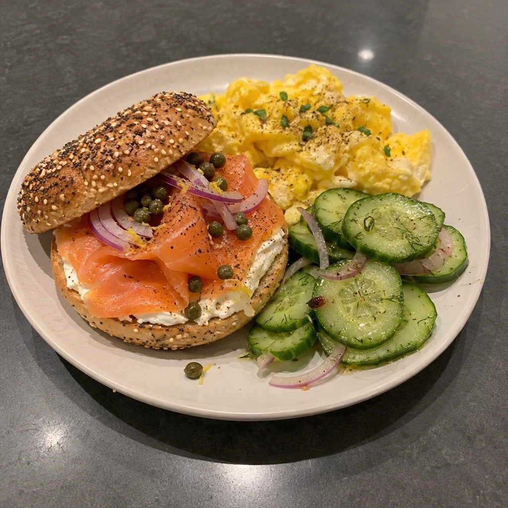 Bagels au saumon fumé, œufs brouillés et salade de concombre au citron