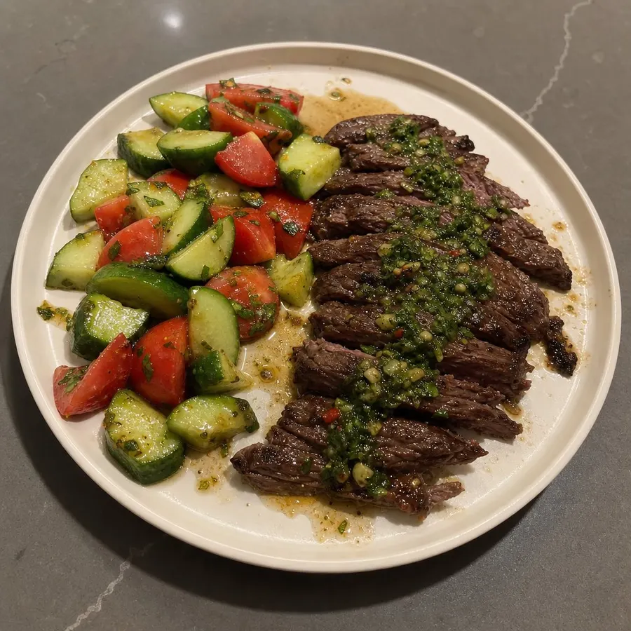 Bavette grillée, chimichurri maison et salade de concombre-tomates