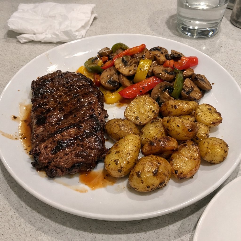 Bavette grillée steakhouse, poivrons et champignons sautés, pommes de terre rôties