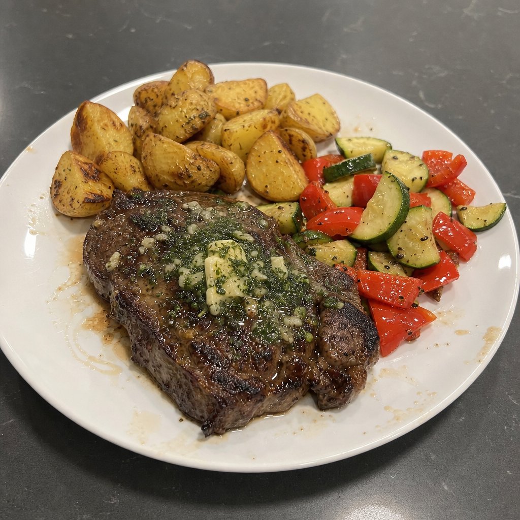 Bifteck d'aloyau grillé, beurre à l'ail, pommes de terre rôties et courgettes