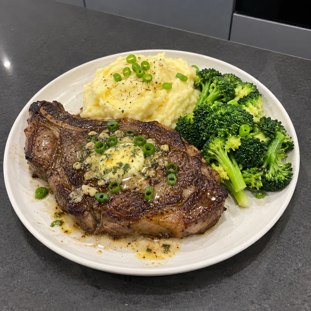 Bifteck de côte d'aloyau, beurre à l'ail, purée maison et brocoli vapeur