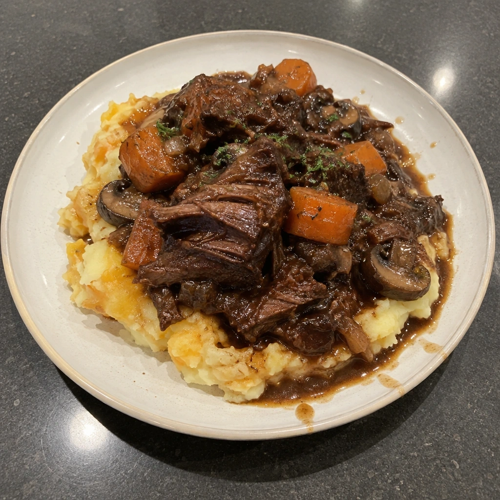 Bœuf braisé au vin rouge, purée de pommes de terre et rutabaga