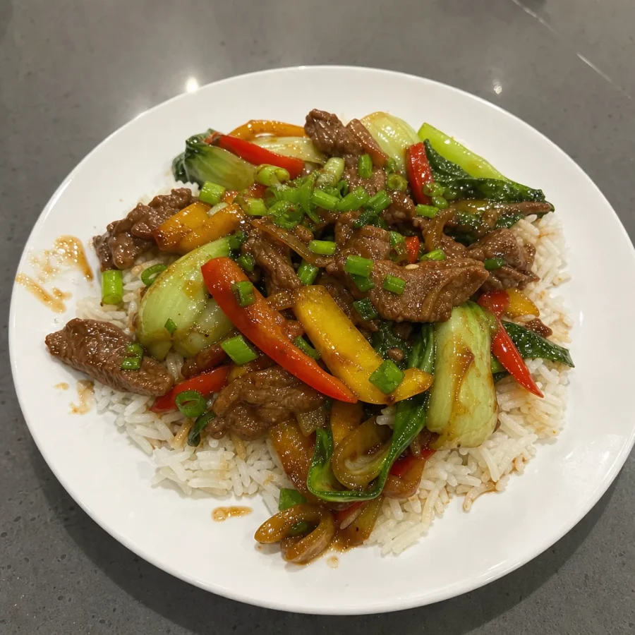 Bœuf sauté à l'asiatique, bok choy et poivrons sur riz