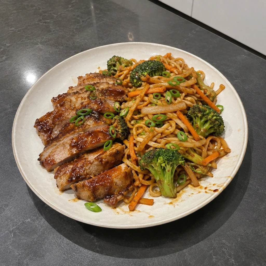 Bol asiatique de porc mariné, nouilles sautées et brocoli