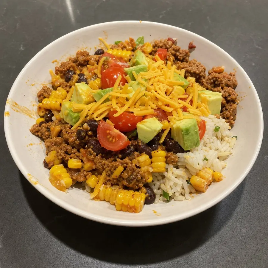 Bol-burrito au porc haché épicé, riz, maïs, avocat et cheddar