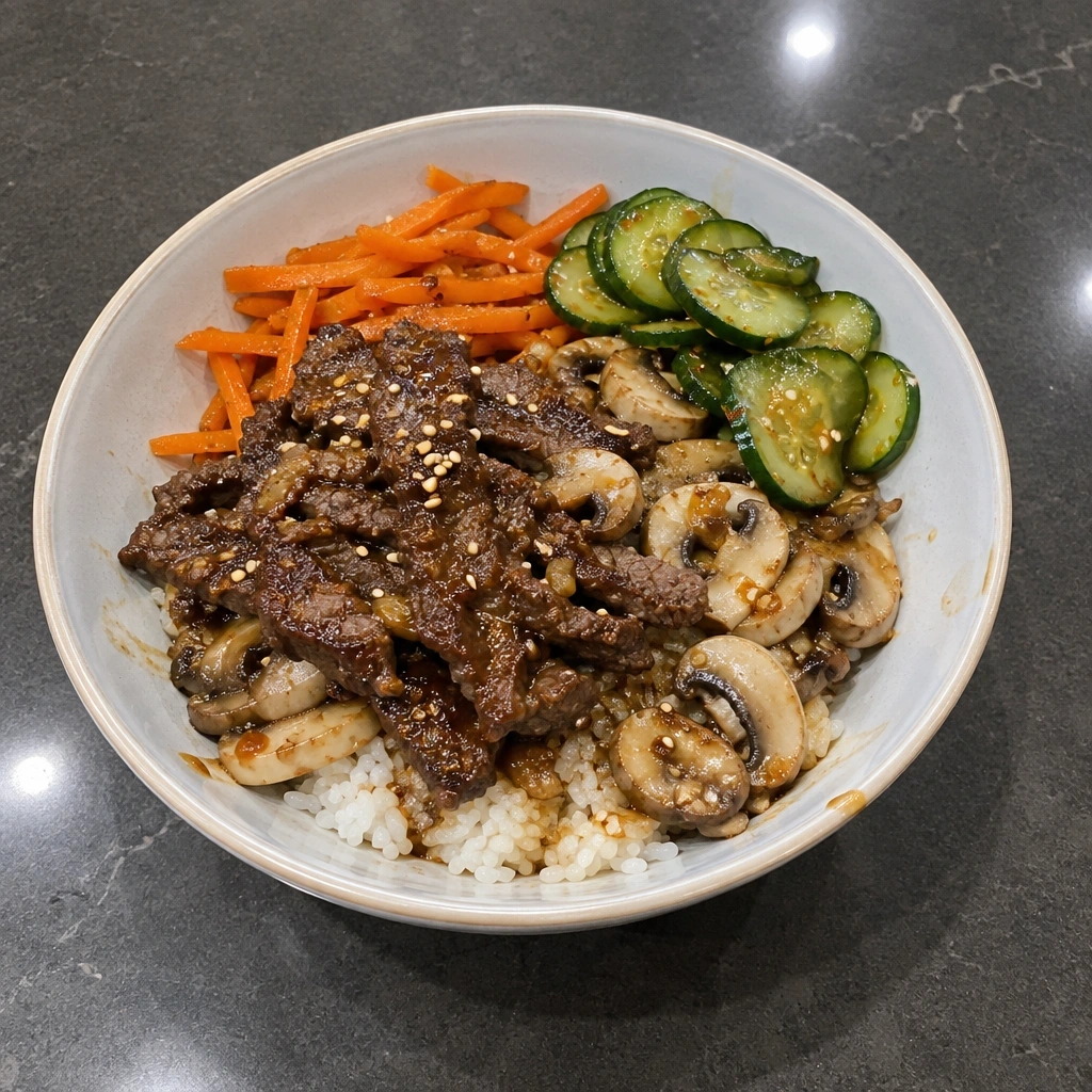 Bol coréen au bifteck de côtes, riz, champignons et concombres marinés
