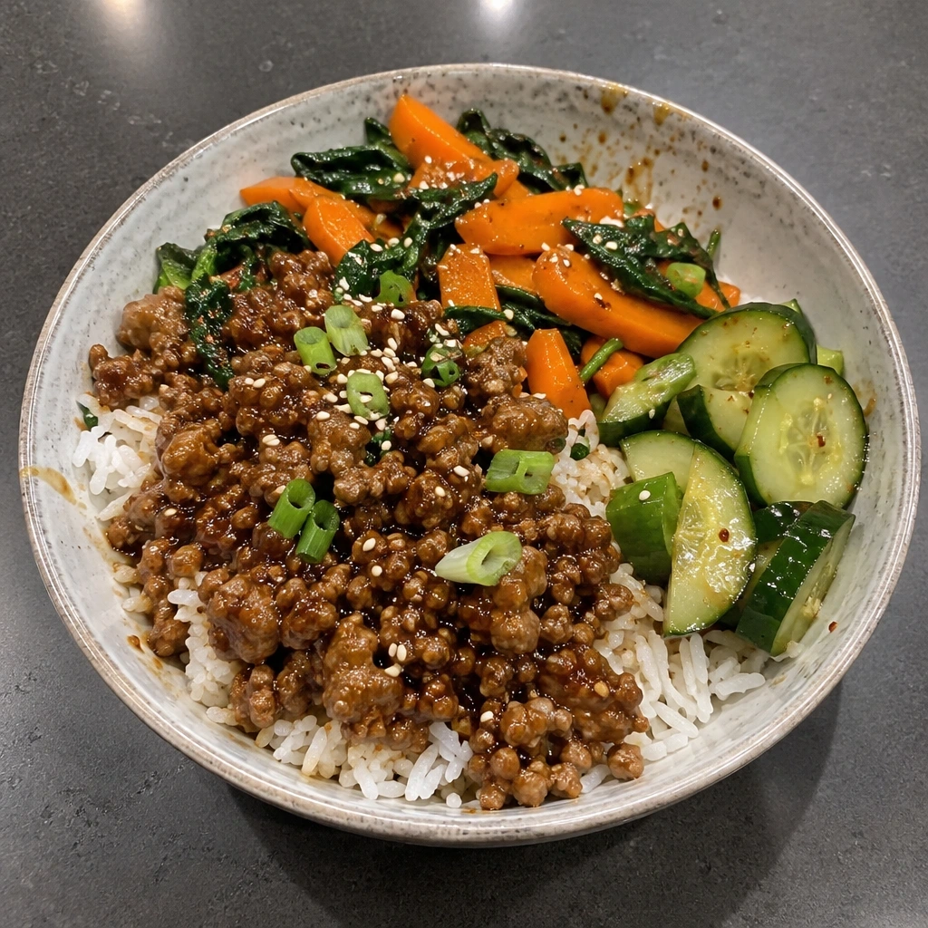 Bol coréen de porc haché, riz, carottes et épinards sautés