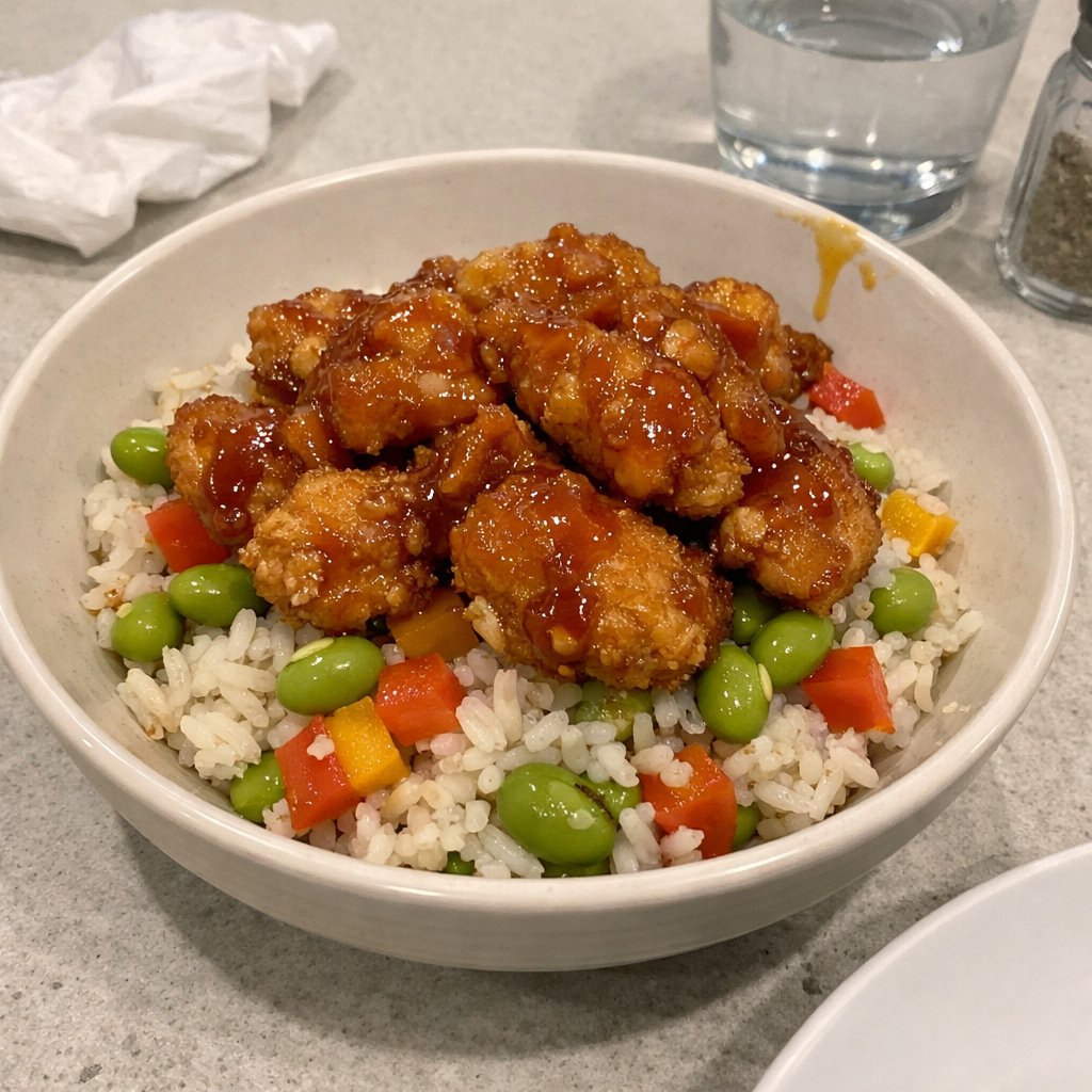 Bol de poulet croustillant sauce sriracha-miel, riz parfumé et edamames