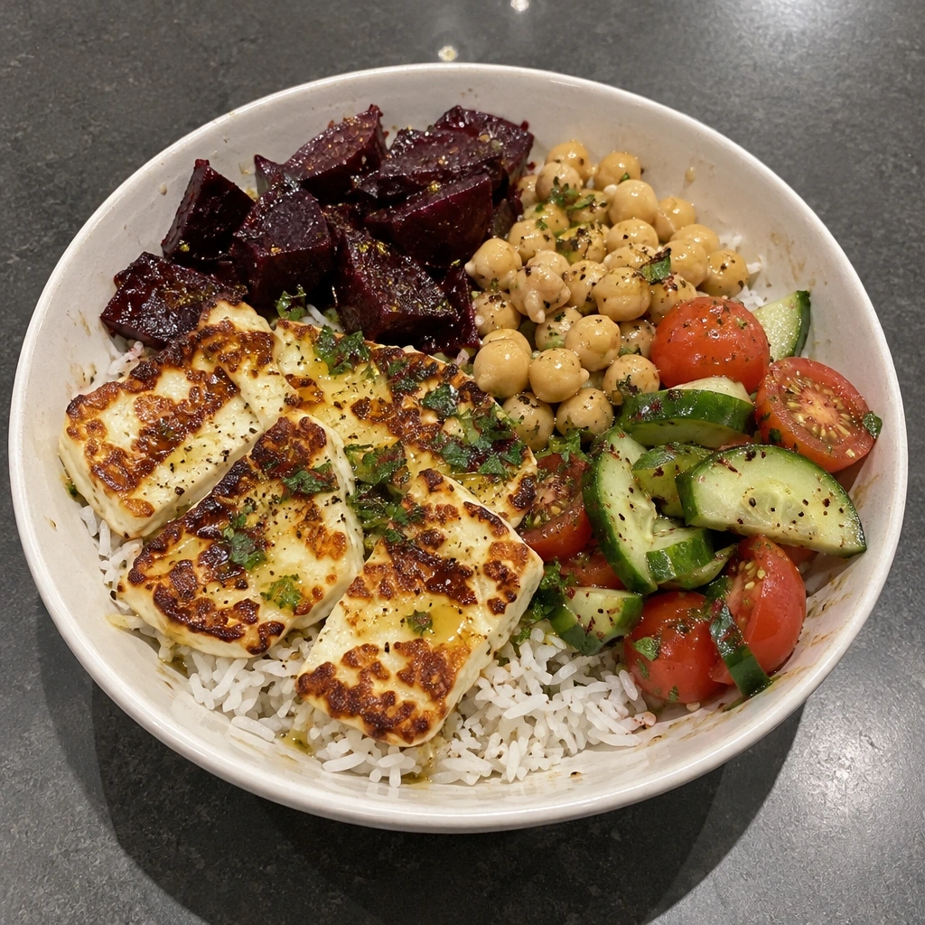 Bol de halloumi grillé, riz basmati, betteraves rôties, concombres et pois chiches