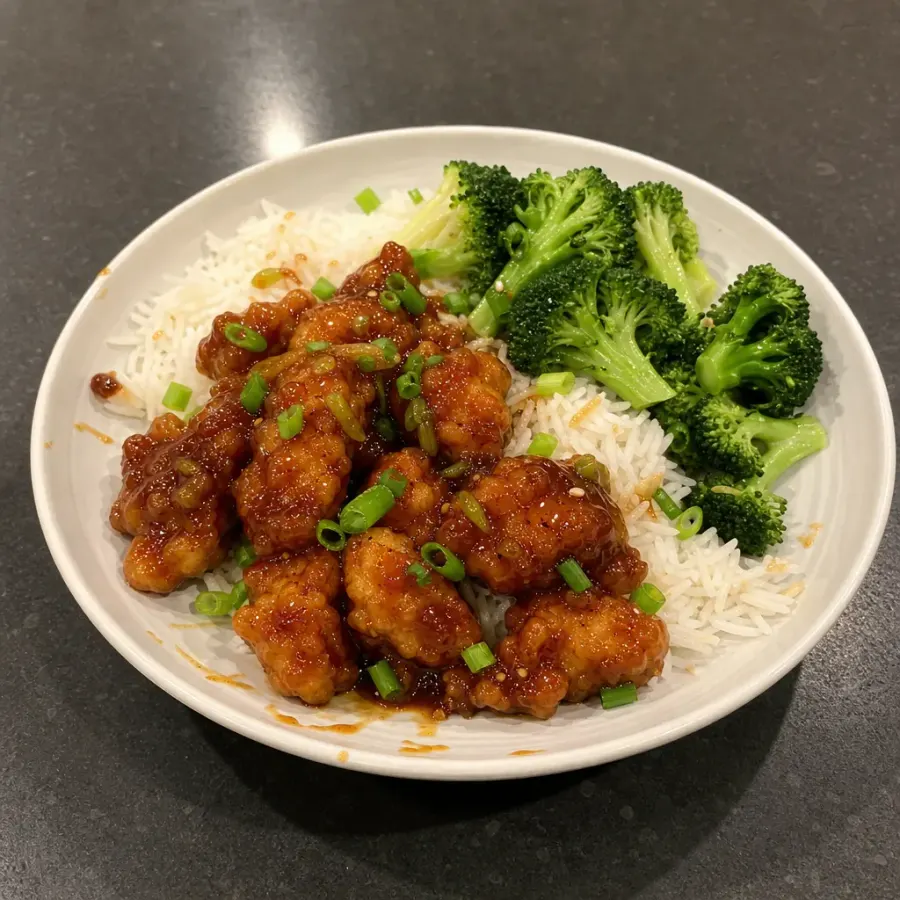 Bol de poulet croustillant général tao, riz basmati et brocoli
