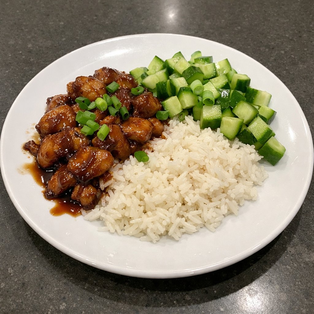 Bol de poulet teriyaki, riz basmati et concombre croquant
