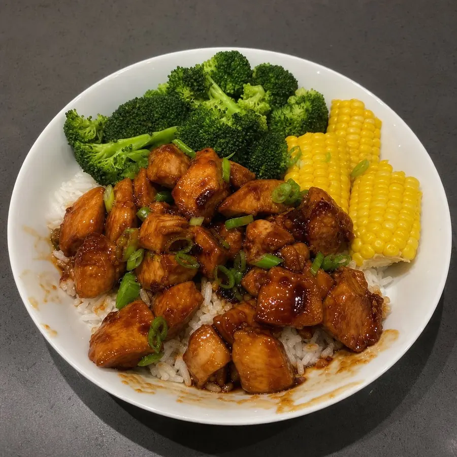 Bol de poulet teriyaki, riz basmati, brocoli et maïs