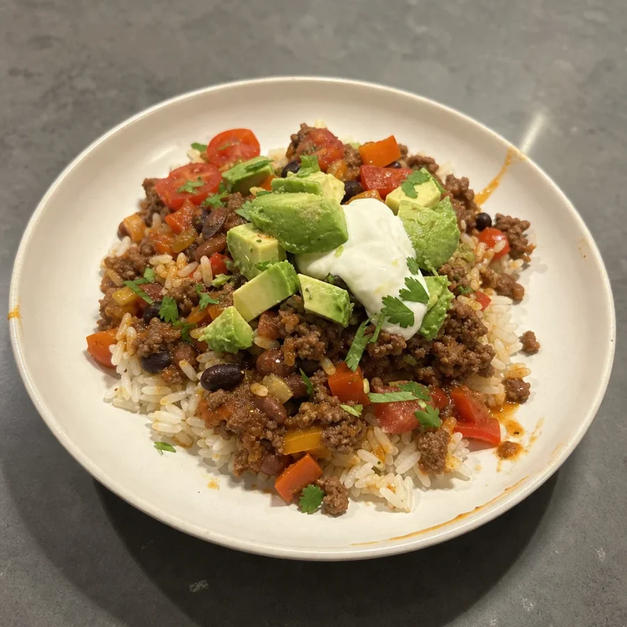 Bol tex-mex au bœuf haché, riz et crème sure