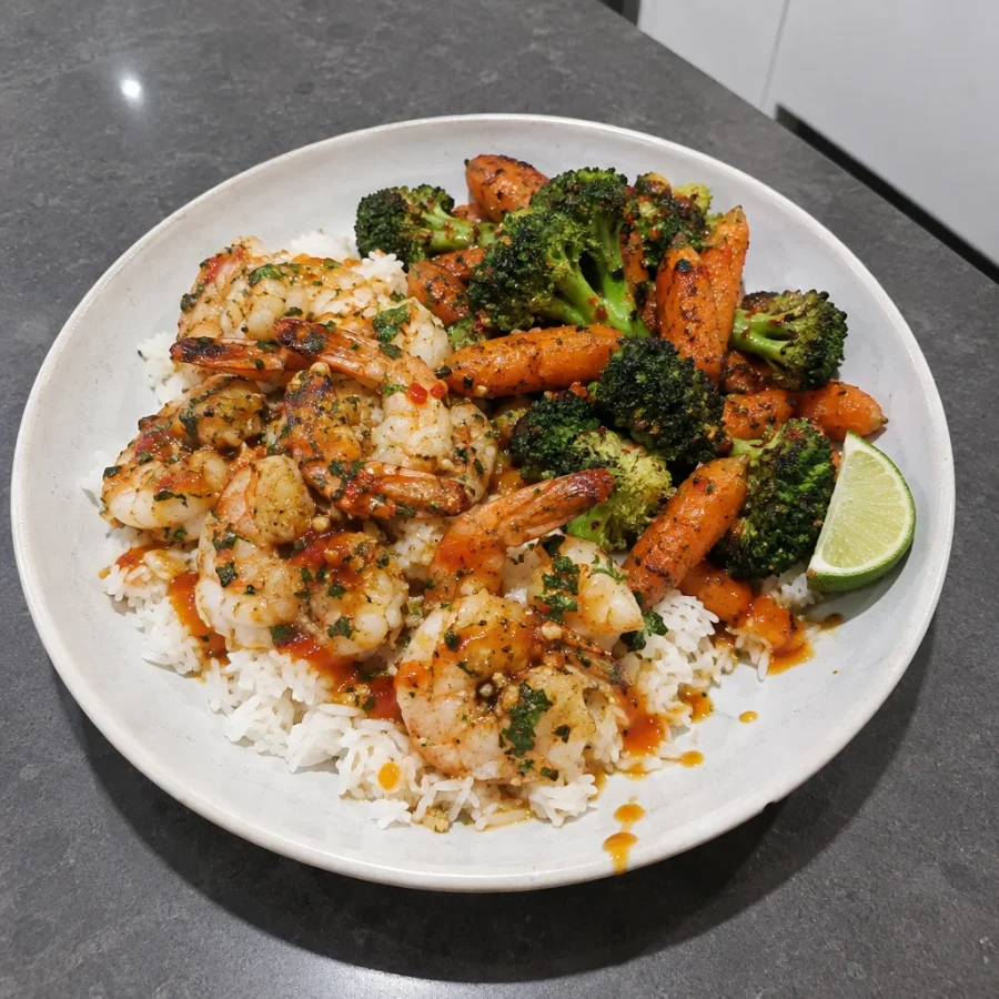 Bols de crevettes à l'ail, riz jasmin, brocoli et carottes rôtis