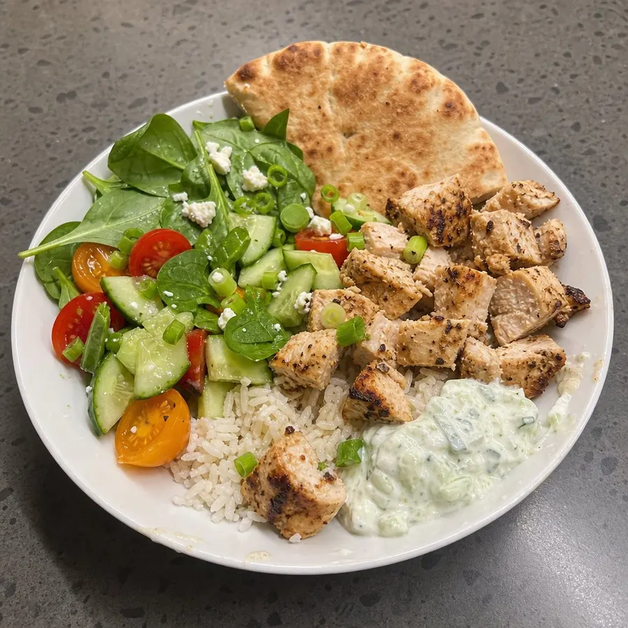 Bols souvlaki de poulet à la grecque et tzatziki maison
