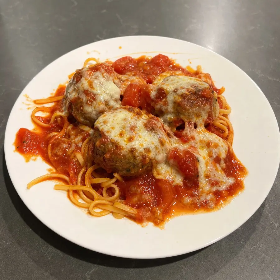 Boulettes de boeuf à l'italienne, sauce tomate et mozzarella sur pâtes