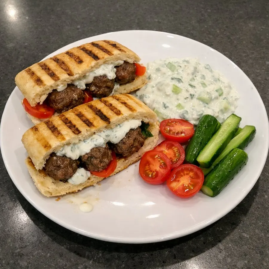 Boulettes de bœuf à la grecque, panini grillés et tzatziki au concombre