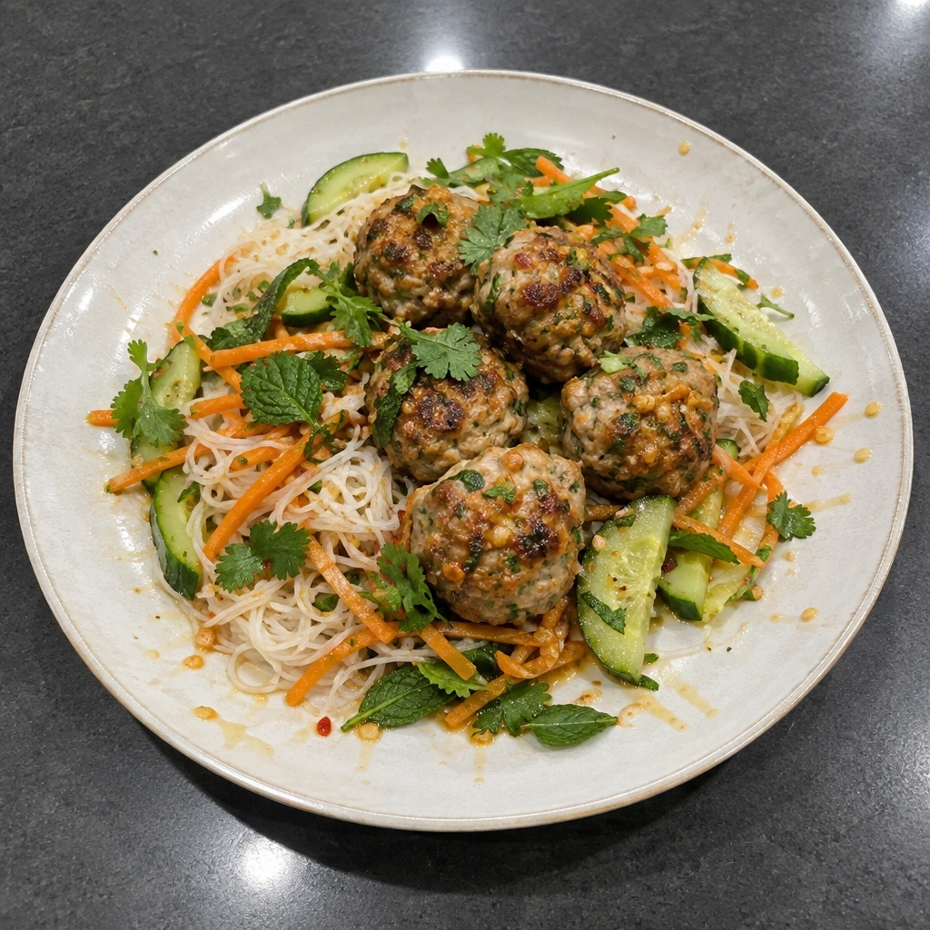 Boulettes de porc au gingembre, vermicelles de riz et légumes croquants