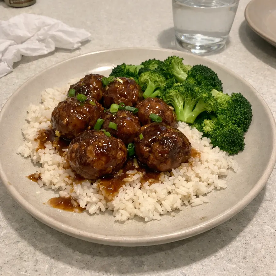 Boulettes de porc haché à l'asiatique, sauce VH, riz étuvé et brocoli