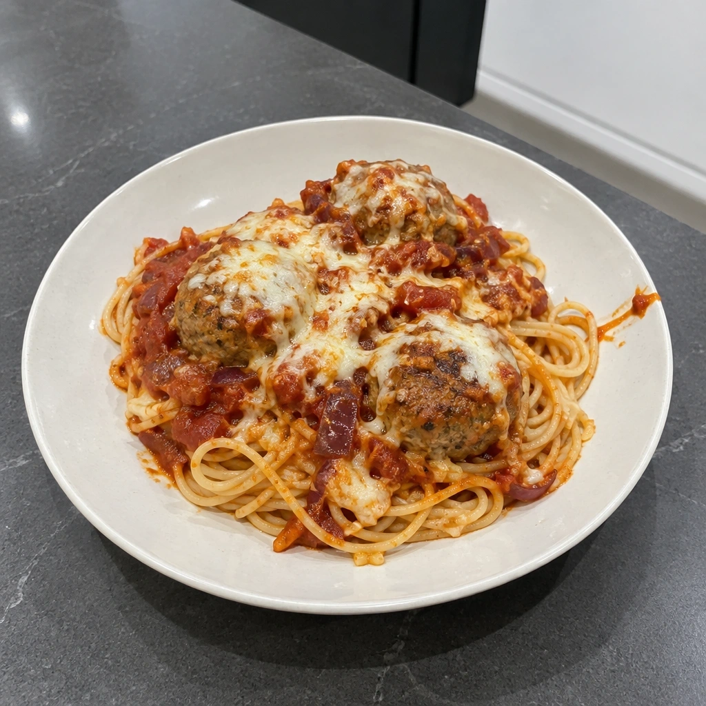 Boulettes de porc gratinées, spaghettis et sauce tomate