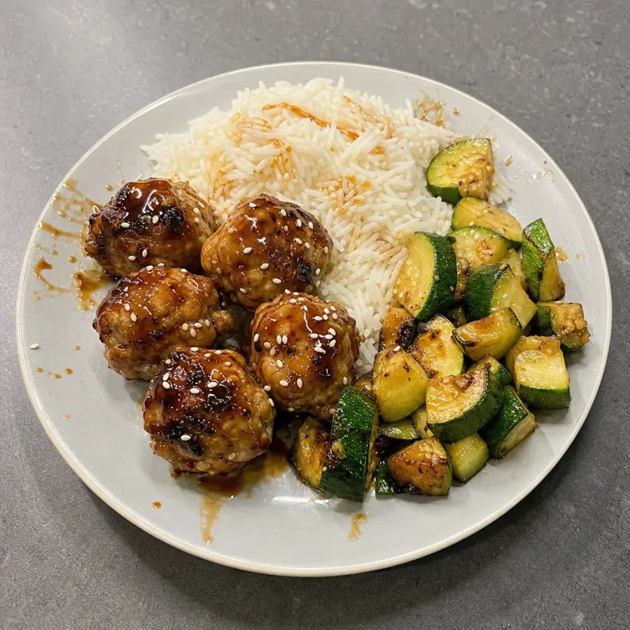 Boulettes de poulet haché teriyaki, riz basmati et courgettes