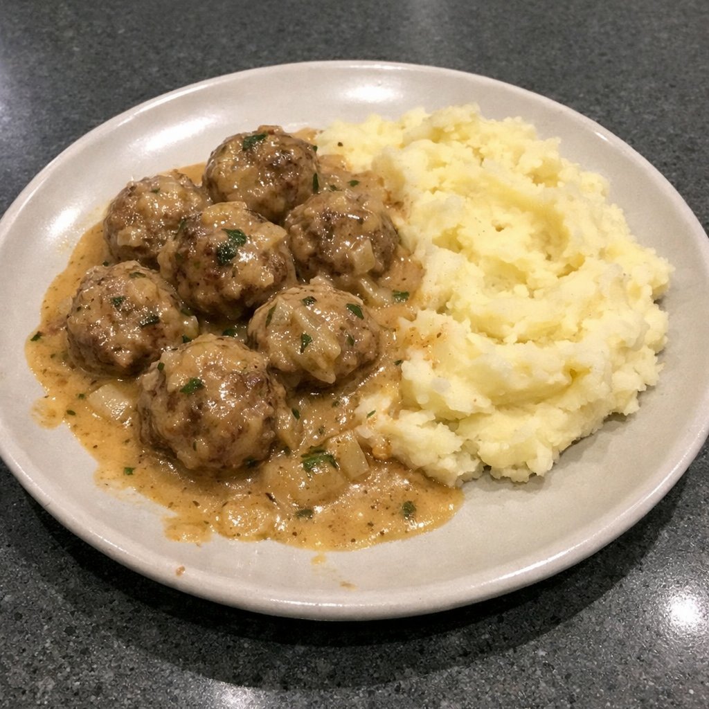 Boulettes suédoises en sauce crémeuse, purée de pommes de terre Russet au beurre