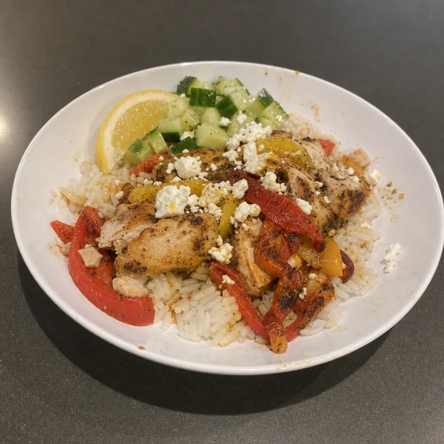 Bowl méditerranéen poulet-feta et poivrons rôtis