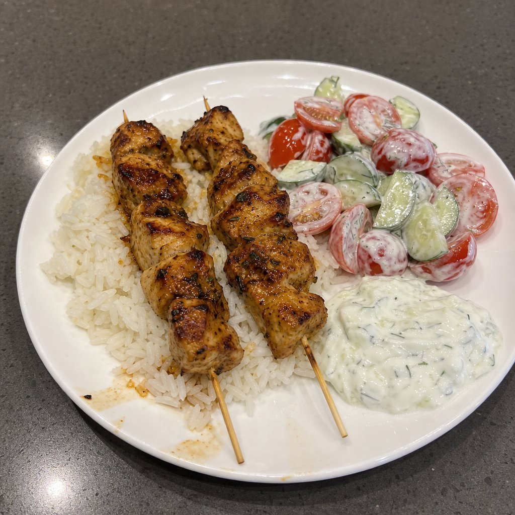 Brochettes de poulet BBQ au four, riz et salade de tomates et concombres au tzatziki