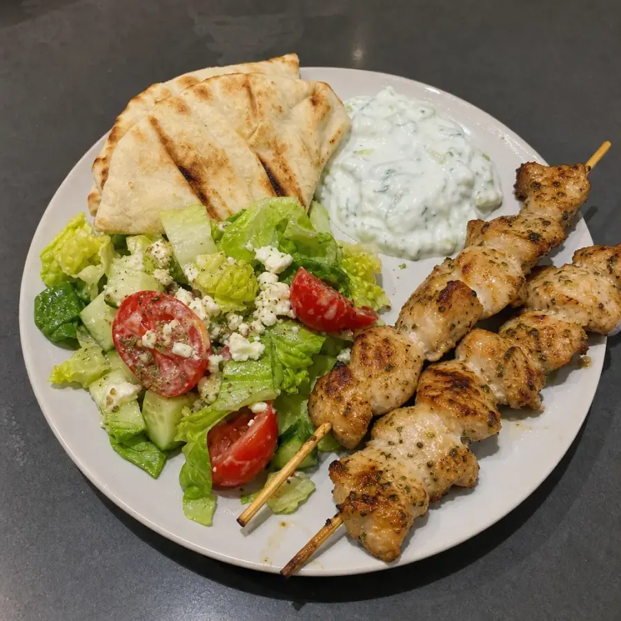 Brochettes de souvlaki grecques, salade, pitas et tzatziki maison