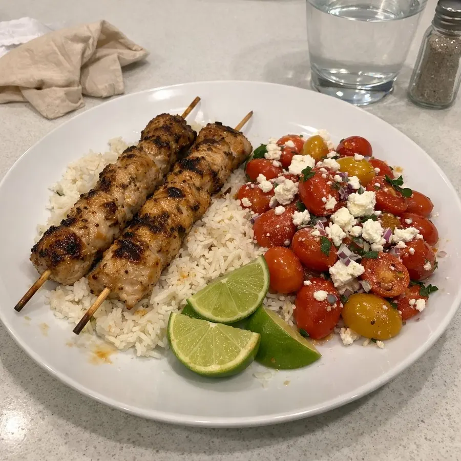 Brochettes souvlaki sur riz basmati, salade de tomates raisins et feta