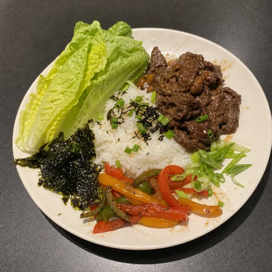 Bulgogi de bœuf, riz jasmin, laitue romaine et algues rôties
