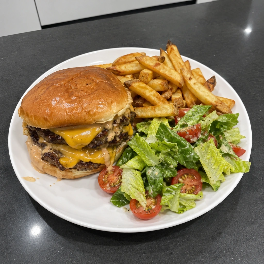 Burgers de bœuf nourri à l'herbe à l'Extra Cheddar, frites croustillantes et salade de romaine