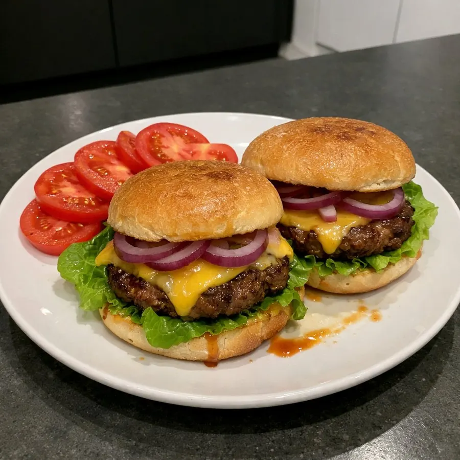 Burgers maison classiques au bœuf haché et oignons rouges