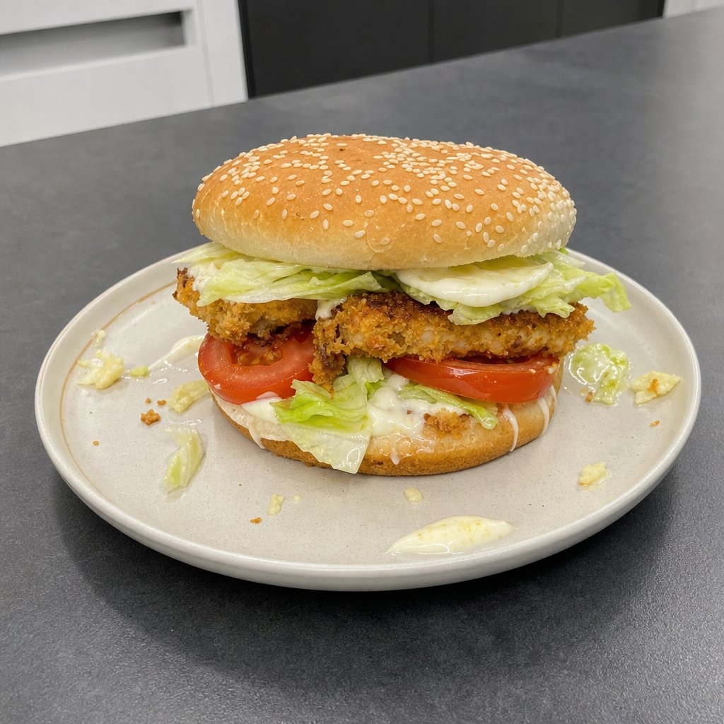 Burgers de poulet croustillant, laitue iceberg et tomates
