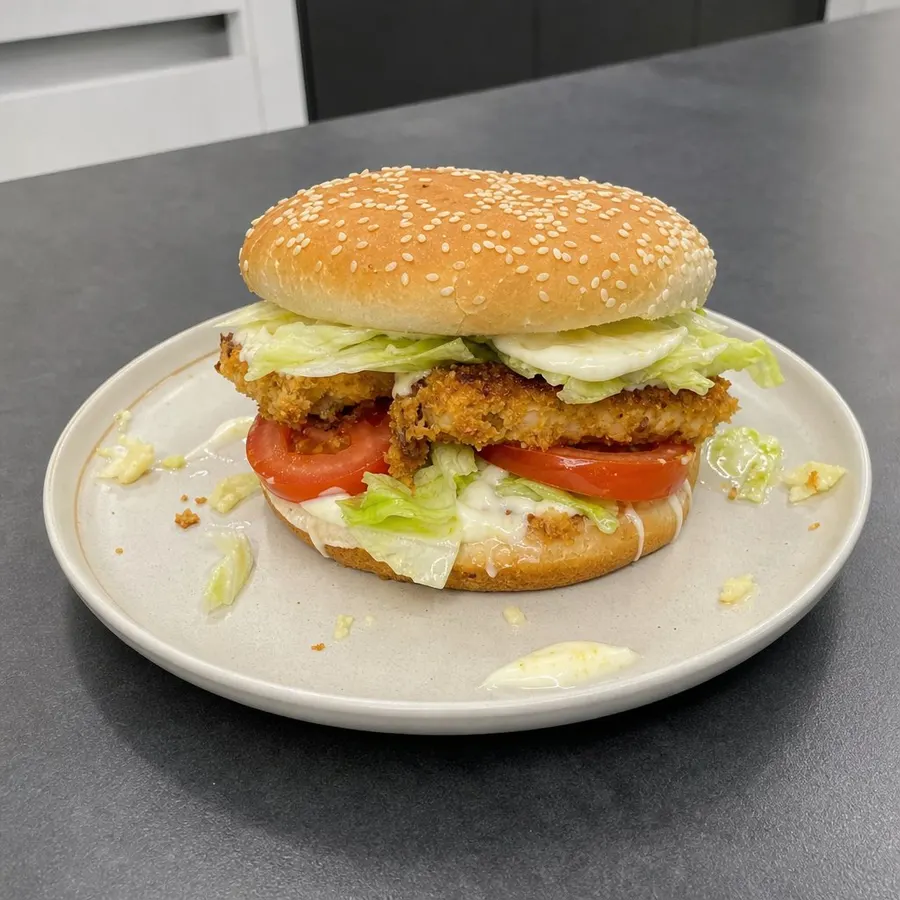 Burgers de poulet croustillant, laitue iceberg et tomates