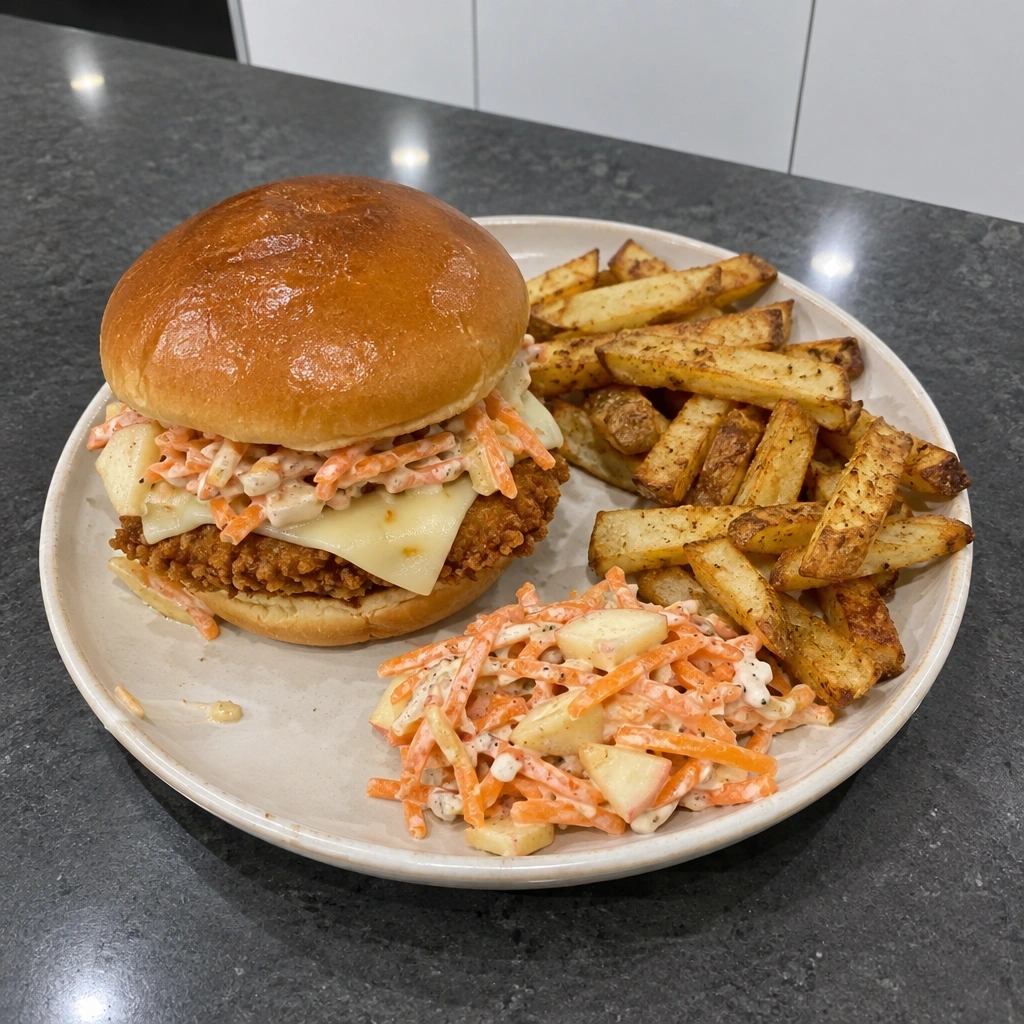 Burgers de poulet croustillants, slaw de carottes et pommes, frites au four
