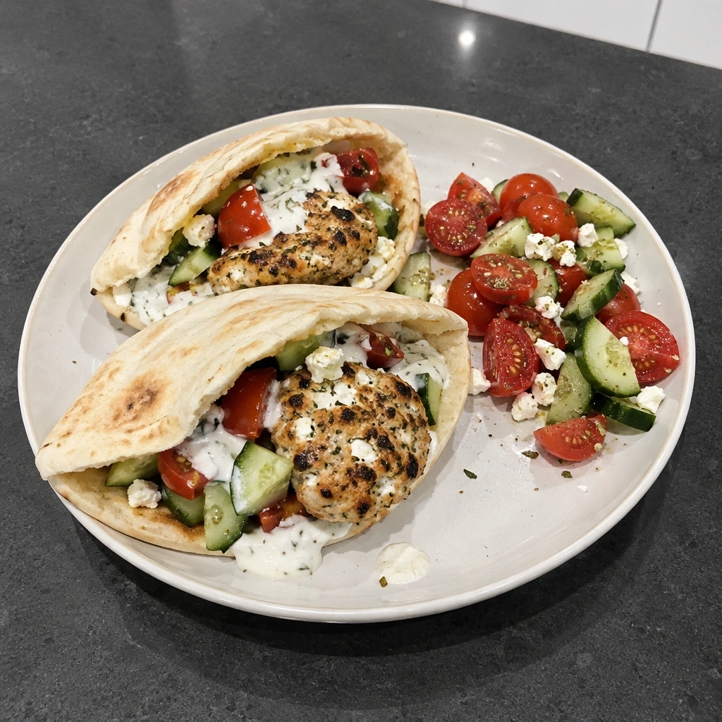 Burgers de poulet à la feta en pitas, sauce yogourt-citron