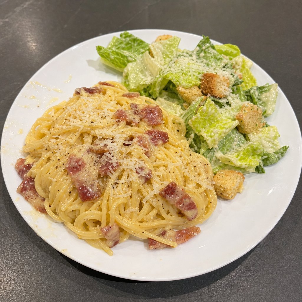 Carbonara au bacon et petite salade césar