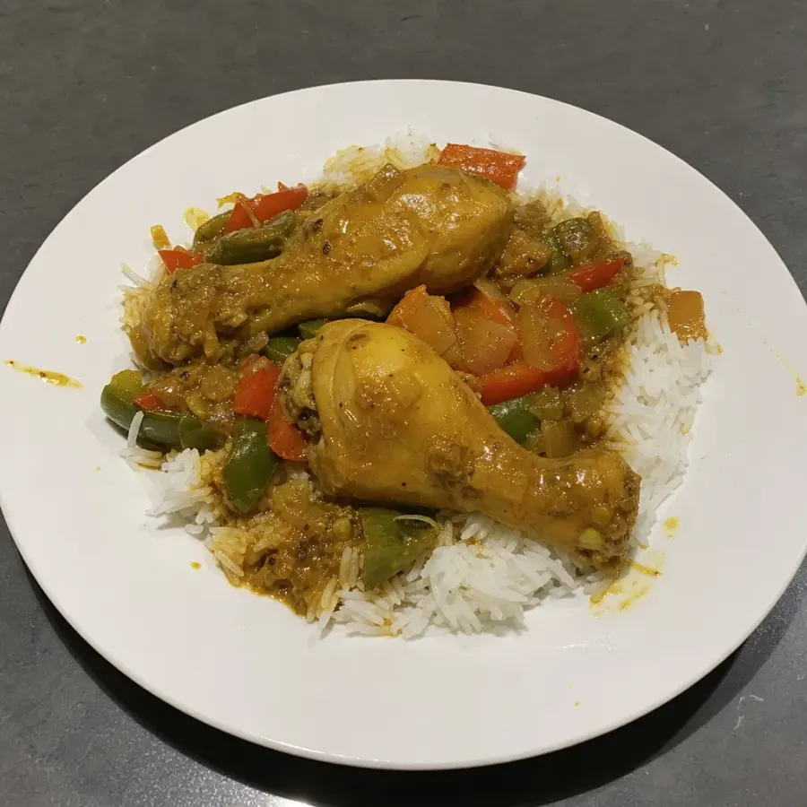 Cari de poulet aux pilons, poivrons et riz basmati