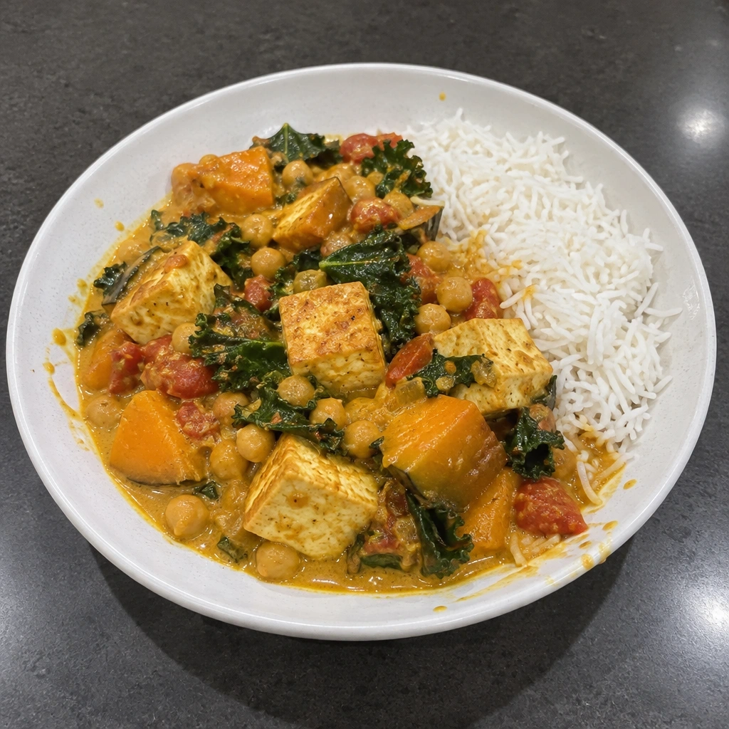 Cari de tofu, courge et pois chiches au lait de coco, riz basmati