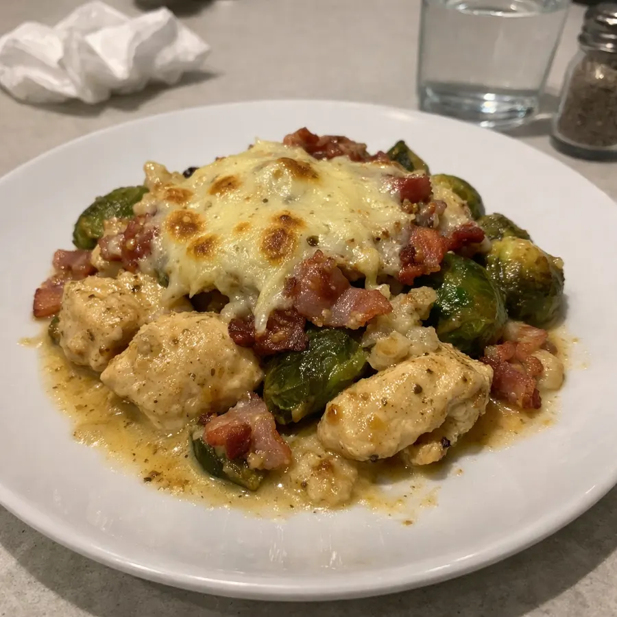 Casserole de poulet, choux de Bruxelles et bacon gratinée à la mozzarella
