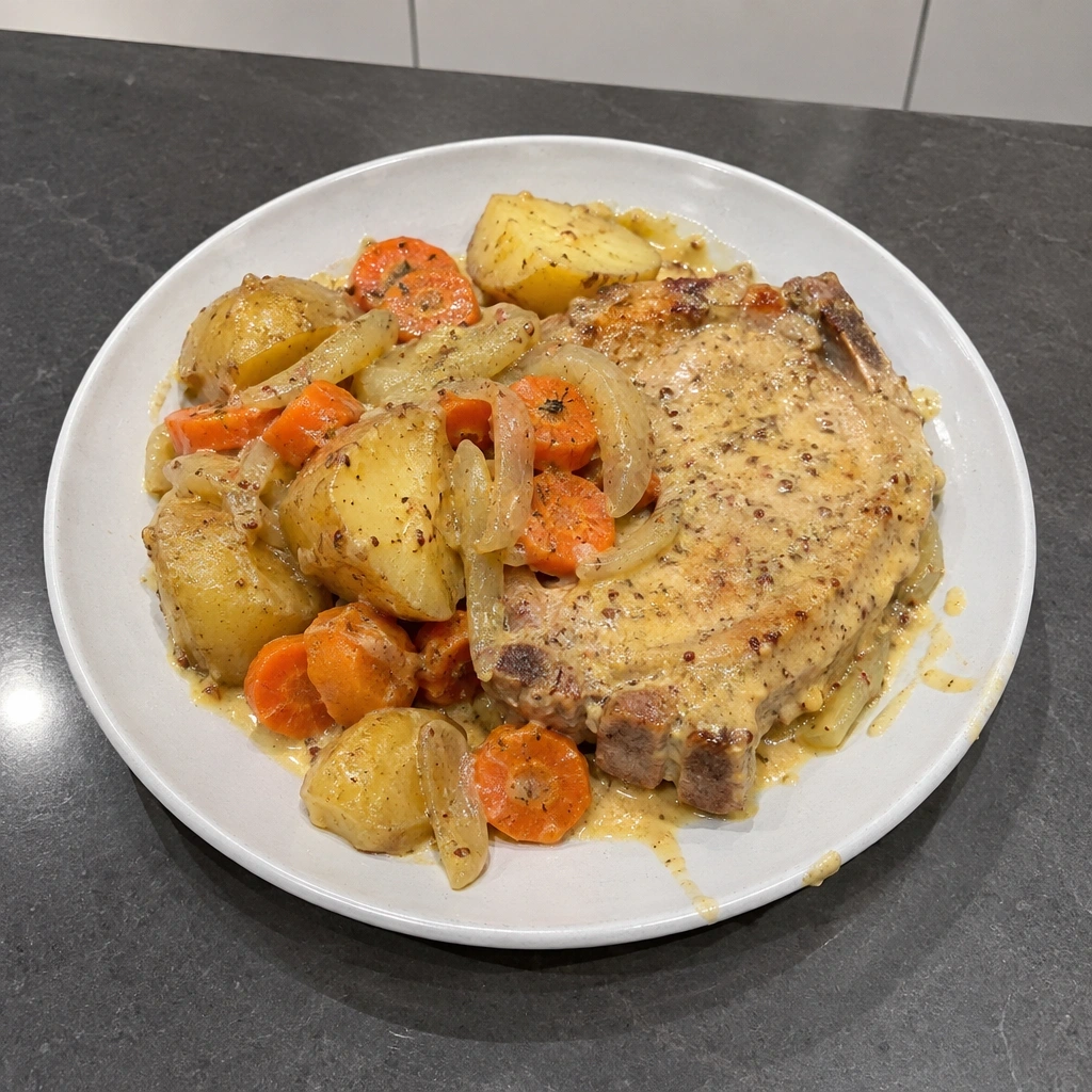 Cassolette de porc à la moutarde, carottes, oignons et pommes de terre