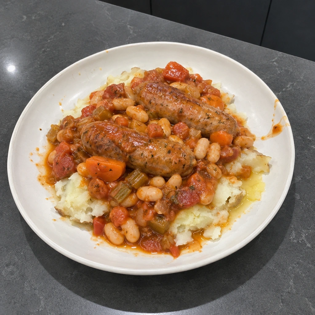 Cassoulet express aux saucisses italiennes, haricots blancs et patates écrasées