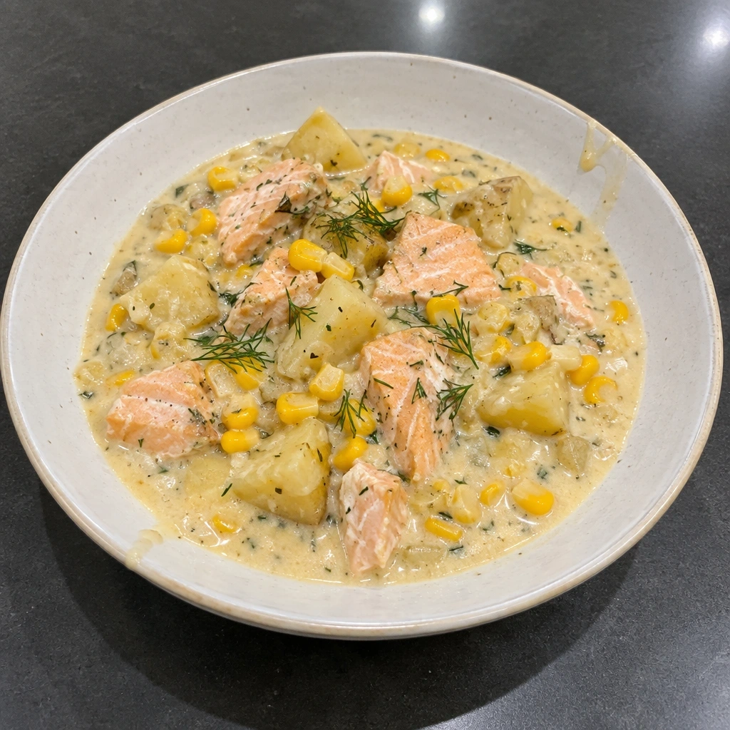 Chaudrée de saumon, maïs et pommes de terre