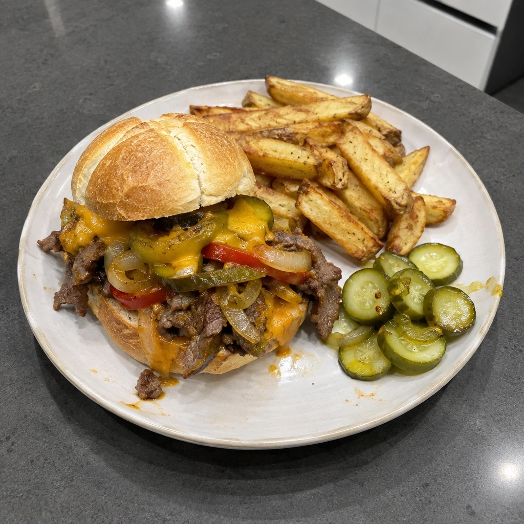 Cheesesteak de Philadelphie sur pain kaiser, frites et cornichons minute